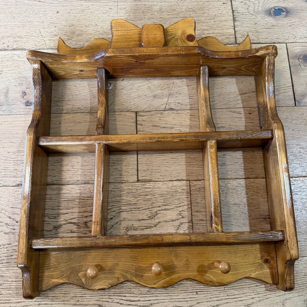 Handmade Solid Wood Shadow Box Wall Shelf Medium Brown Wood Rustic Bow Detail